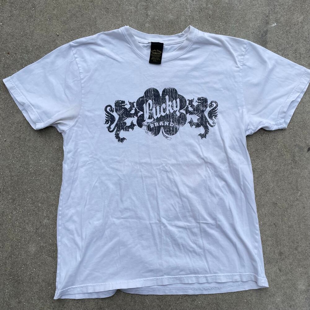 Vintage Lucky Brand Mens L White Graphic Shirt Clover Lion Crest Y2K Distressed